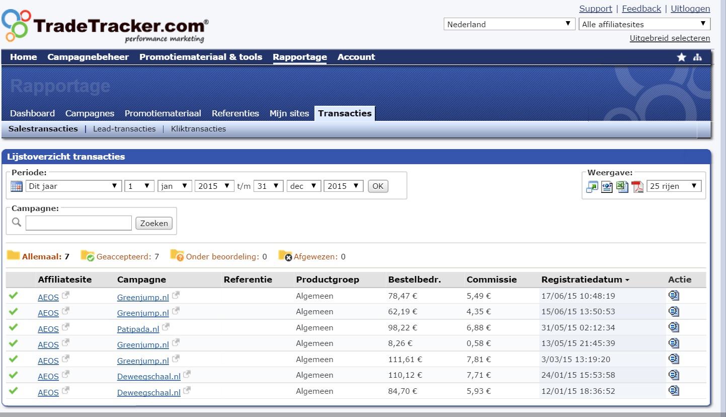 Magento affiliate webwinkel met inkomsten: aeos.be-lijstoverzicht-transacties-tradetracker-nederland-png